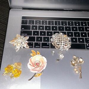 Assorted Floral and Crystal Brooch Lot — Gold, Pink, Clear